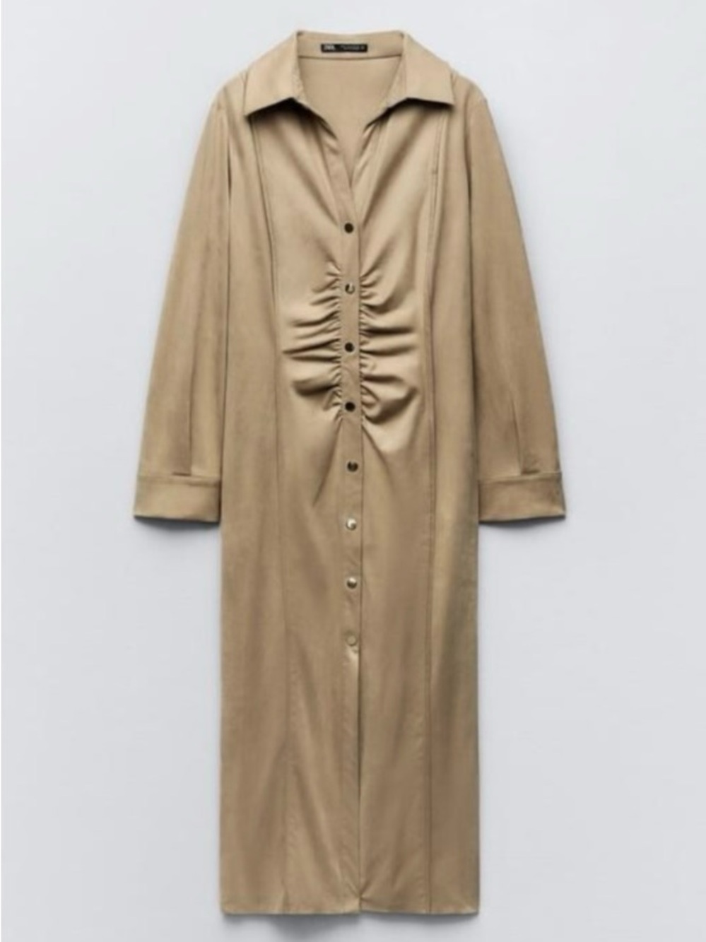 BNWT Zara Ruched Front Long Button-Down Midi Dress Coat - Beige